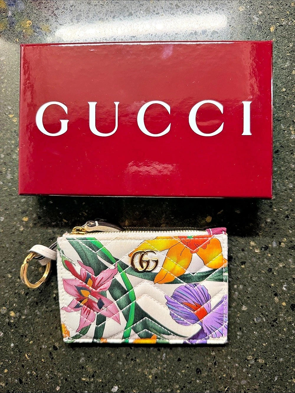 Gucci GG Marmont Flora Zip Key Pouch White & Green
